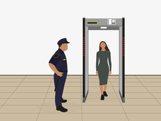 Female character going through the frame of a metal detector while the policman is watching indoors