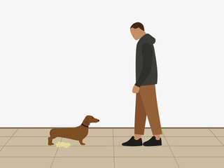 Male character looking at dog in a collar and a yellow puddle on the floor