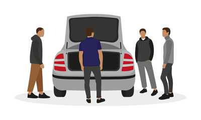Four male characters are standing near a car with an open trunk on a white background