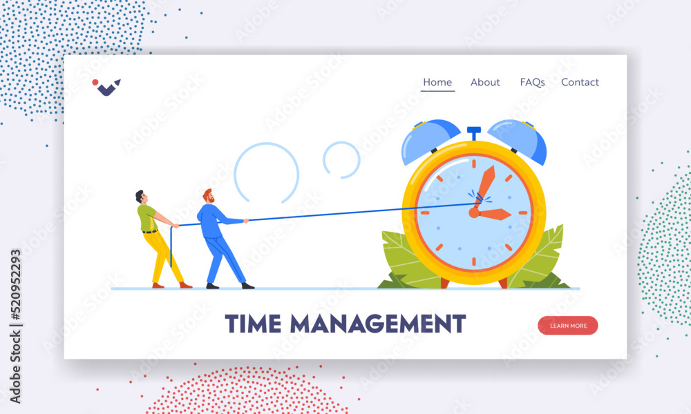 Poster time management landing page template. business characters trying to stop or slowdown time pulling a