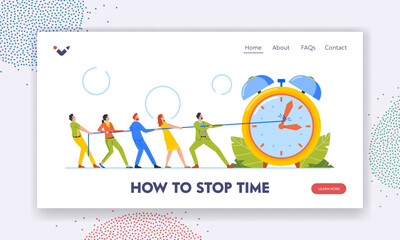 Deadline, Time Management Landing Page Template. Tiny Workers Pull Clock Arrows on Huge Watches Using Rope