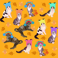 Cute cartoon cats in knitted hats with pom-poms play with autumn leaves isolated on a marigold-colored orange background. Seamless print for fabric, wallpaper, excellent textile for children's jacket.