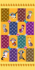 Baby towel with cats, butterflies, flowers, leaves. Beautiful patchwork pattern in vector.