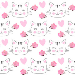 Seamless pattern with cat faces, drawn lines, pink butterflies and hearts isolated on white background in vector. Animal print for fabric for kids. - 520952490
