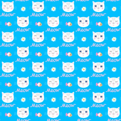 Beautiful seamless pattern with cute cartoon cat faces, Meow lettering, small fish and chamomile flowers on a capri blue background in vector. Animal print for fabric for newborns, toddlers.
