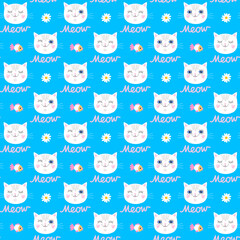 Beautiful seamless pattern with cute cartoon cat faces, Meow lettering, small fish and chamomile flowers on a capri blue background in vector. Animal print for fabric for newborns, toddlers.