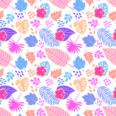 Fototapeta na wymiar Beautiful seamless ornament with tropical leaves and hibiscus flowers in pink, blue and lilac tones on a white background in vector. Exotic romantic natural print for fabric, wallpaper.