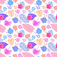 Zelfklevend Fotobehang Beautiful seamless ornament with tropical leaves and hibiscus flowers in pink, blue and lilac tones on a white background in vector. Exotic romantic natural print for fabric, wallpaper. © Happy Dragon
