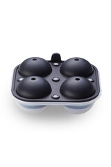 Close-up shot of a black 4 piece silicone ice ball mold with a lid. The spherical ice cube mold is isolated on a white background. Top view.