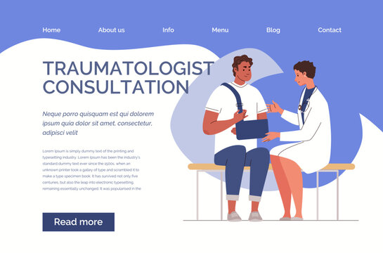Orthopedics and traumatology. Patient with injured arm in bandage at doctor's appointment. Consultation and treatment. Vector illustration of web template. Flat cartoon characters.
