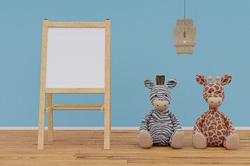 Kids playroom with stuffed toy animals and mockup writing board. 3d rendered illustration.