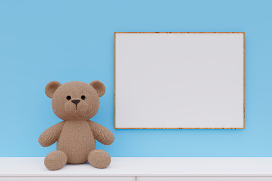 A mockup picture frame with stuffed toy teddy bear. 3d rendered illustration.