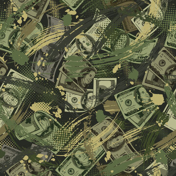 Seamless green camouflage pattern with 100 US dollar bills, grunge paint brush strokes, halftone, blots. Dense chaotic composition. Good for apparel, fabric, textile, sport goods