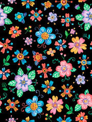 Seamless pattern of flowers. Funny folk style. Drawing in watercolor and gouache. Yellow, pink, purple, red, blue and green gamma. Isolated image on a black background.