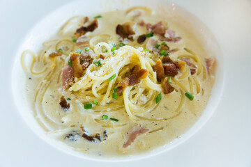 Top view of Carbonara Spaghetti, focus selective