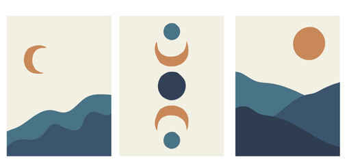 Collection of modern simple minimalist abstract landscapes in boho style in blue shades: sun, moon, mountains, hills and geometric shapes (circles) on a beige background © Soap Dish