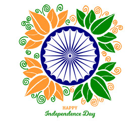 Happy Independence Day Hand Drawn Floral Abstract Poster Vector Illustration. Indian National Holiday 15 August. Ashoka Chakra wheel, Grunge Texture Leaves, Swirls. Flag colors saffron, green, white