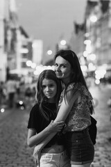 Evening portrait of girls on the street of Wroclaw, Poland.