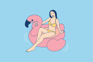 Illustrations of Beautiful woman enjoy summer on an inflatable flamingo pool