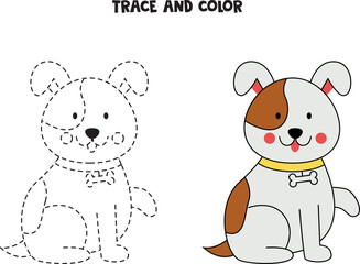Trace and color cute brown dog. Worksheet for children.