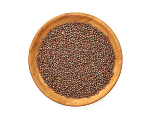 top view black mustard seed in wood plate isolated on background. a pile of black mustard seed in...