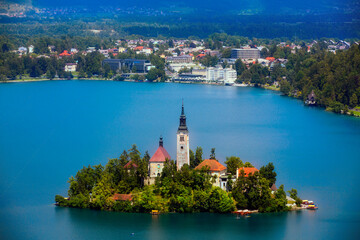 Lake Bled with Bled Island and the City of Bled, Slovenia