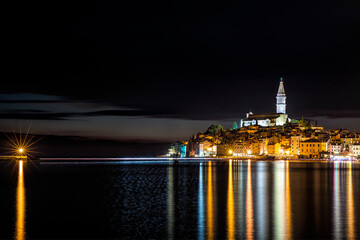 Fototapeta na wymiar Night Shot of the Old City Peninsula of Rovinj, Croatia