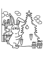 Beautiful christmas rabbit coloring page, great design for any purposes.