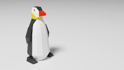 Low poly penguin on a gray background with copy space. 3d illustration. Linux concept background