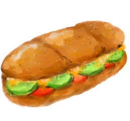 Fresh sub sandwich watercolor painting illustration bread meat vegetable fast meal