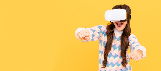 happy teen girl wear wireless VR glasses. using VR headset. kid play video game. Digital future. Banner of child girl with virtual reality vr headset, studio portrait with copy space.