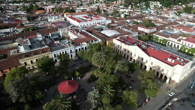 Rotational drone shot towards the main square of San Cristobal de las Casas in Chiapas, Mexico