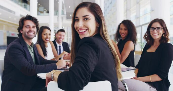 Female manager, leader and boss leading a diverse team of executive business men and women. Portrait of confident, proud office ceo turning, ready for planning and brainstorming in boardroom meeting
