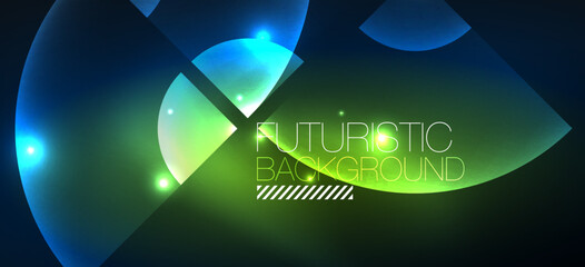 Abstract background with neon glowing light effects. Round shapes, triangles and circles. Wallpaper for concept of AI technology, blockchain, communication, 5G, science, business and technology