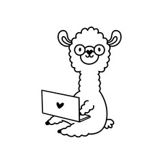 Flat vector illustration character. Cartoon lama with computer.