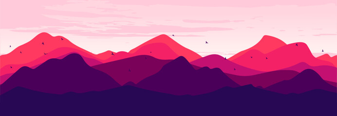 Beautiful landscape with forest, mountains, and sunset in vector format. Trendy illustration for postcards, wallpaper, banners. Panorama view of wild nature. Hand drawn enviroment.