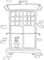 Window with a flower in pot, vector illustration. Line art, black and white style on a white background.