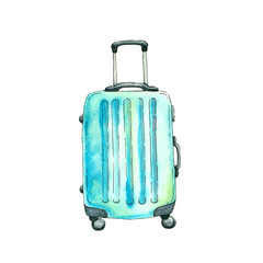 Blue travel suitcase. Watercolor illustration isolated on a white background.