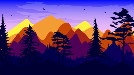 Naklejka premium Beautiful landscape with forest, mountains, and sunset in vector format. Trendy illustration for postcards, wallpaper, banners. Panorama view of wild nature. Hand drawn enviroment.