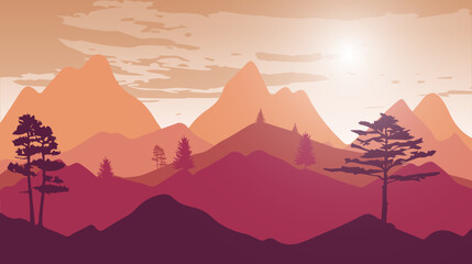 Beautiful landscape with forest, mountains, and sunset in vector format. Trendy illustration for postcards, wallpaper, banners. Panorama view of wild nature. Hand drawn enviroment.