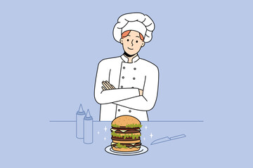 Proud male chef cook burger in bar or cafe. Smiling man in uniform preparing American style meal. Fast food at restaurant. Vector illustration. 