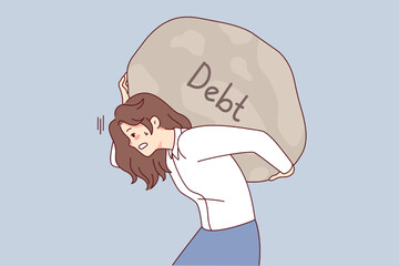 Tired woman carrying huge stone on back suffer from debt or bankruptcy. Exhausted businesswoman hold big boulder on shoulders struggle with financial problems. Vector illustration.  © drawlab19