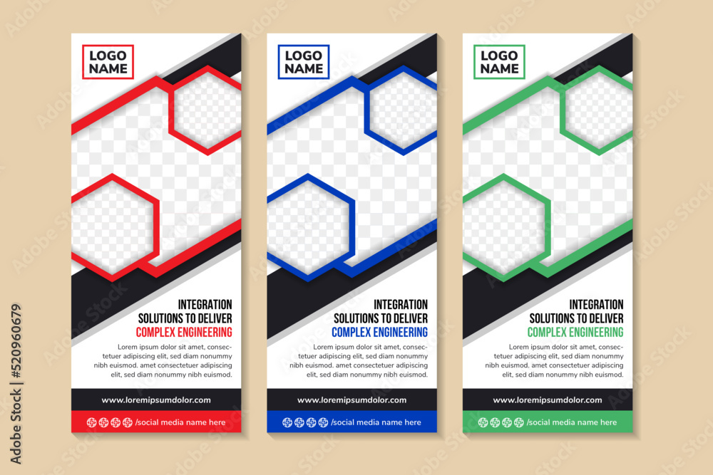 Poster set hexagon roll up business banner design vertical template vector, cover presentation abstract geo
