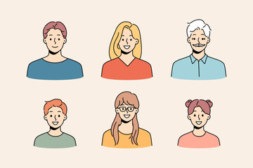 Avatars of diverse people set. Collection of younger and older person faces. Diversity and equality. Vector illustration. 