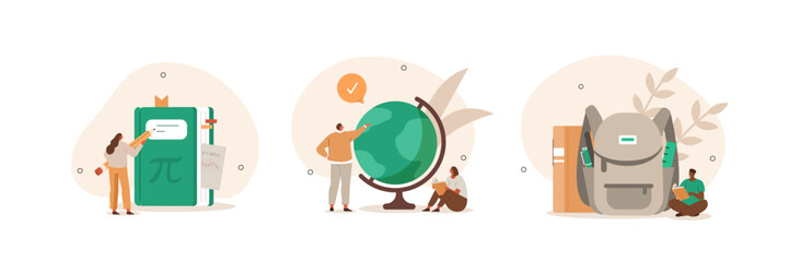 Back to school illustration set. Characters preparing to start a new academic year. Students studying lessons, reading books and organizing school backpack.  Education concept. Vector illustration.