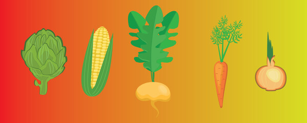 Simple and attractive products healthy food vegetables flat vector illustration autumn background for the design of an autumn composition of posters, postcards, stickers, decor, school decor, 