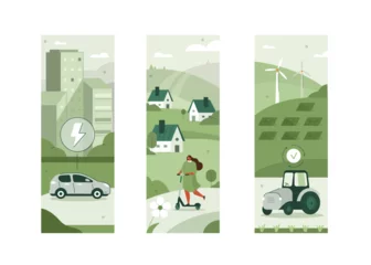 Fototapeten  Sustainability illustration set. Electric car in modern city center, character driving e-scooter and smart eco farm with windmills and solar panels. Sustainable future concept. Vector illustration. © Irina Strelnikova