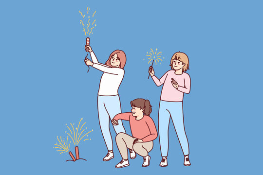 three people celebrating with fireworks on blue clip art preview