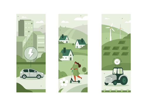 
Sustainability illustration set. Electric car in modern city center, character driving e-scooter and smart eco farm with windmills and solar panels. Sustainable future concept. Vector illustration.
