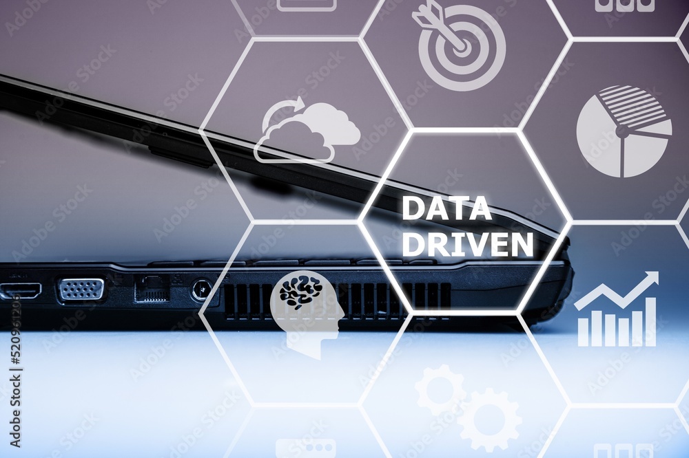 Poster data driven marketing concept. data collection icons with big data analytic. marketing technology.
